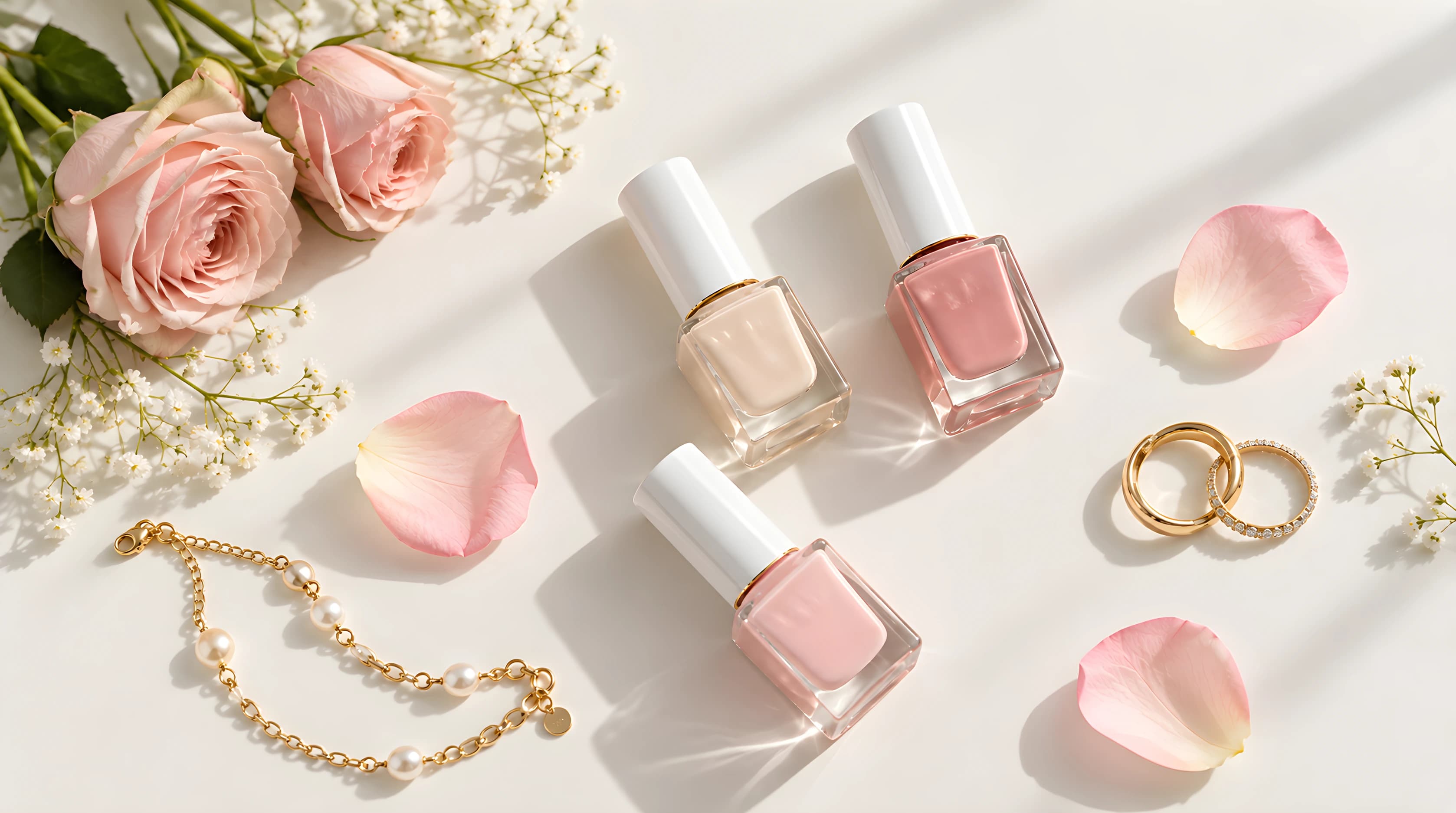 Three nail polish bottles in ivory, rose and blush with gold collars, flat lay among blush roses, baby's breath, rose petals, a gold and pearl bracelet and two gold rings