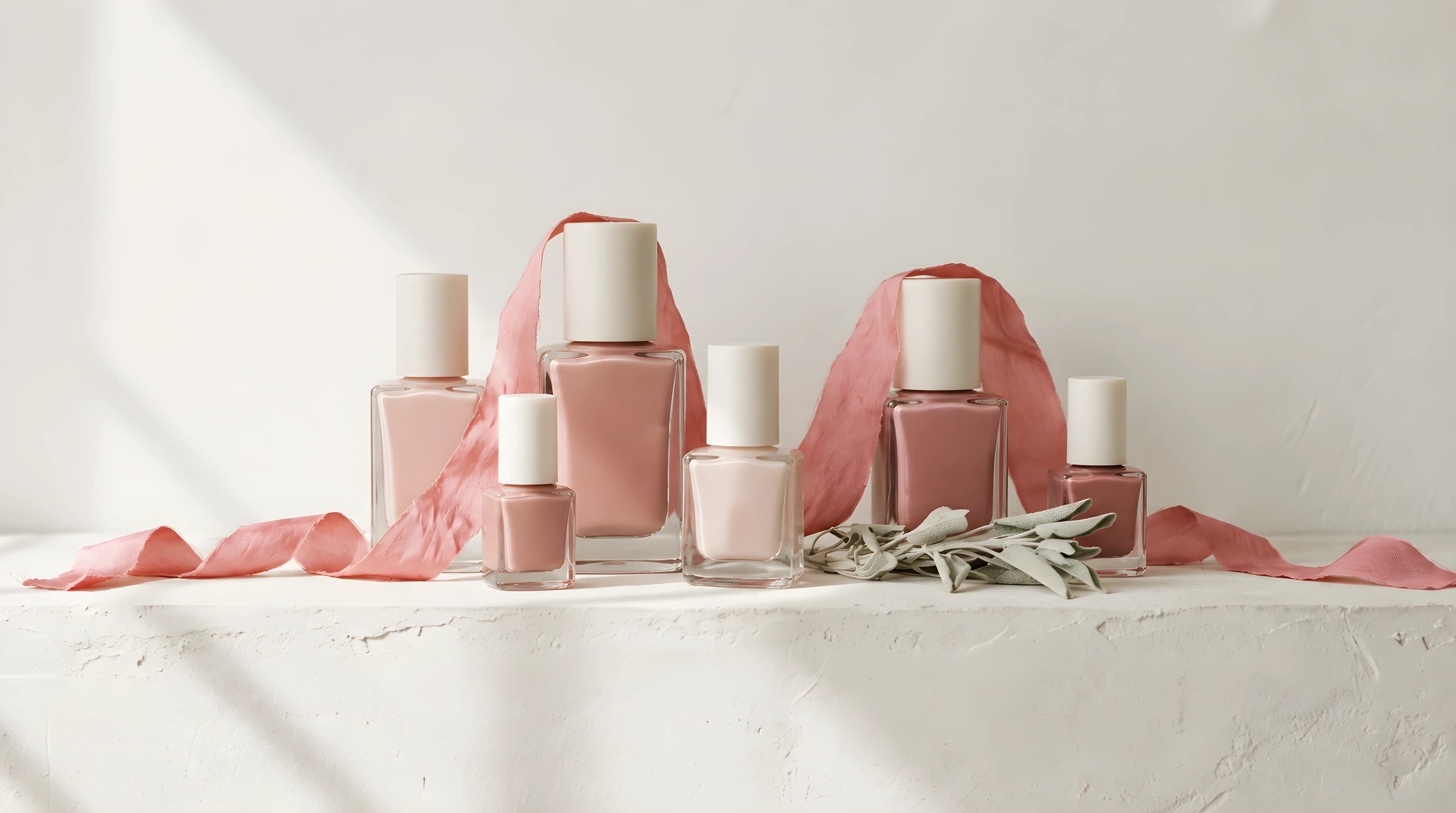 Six pastel pink and mauve nail polish bottles with white caps on a white plinth, a dusty-rose silk ribbon and a sprig of sage beside them
